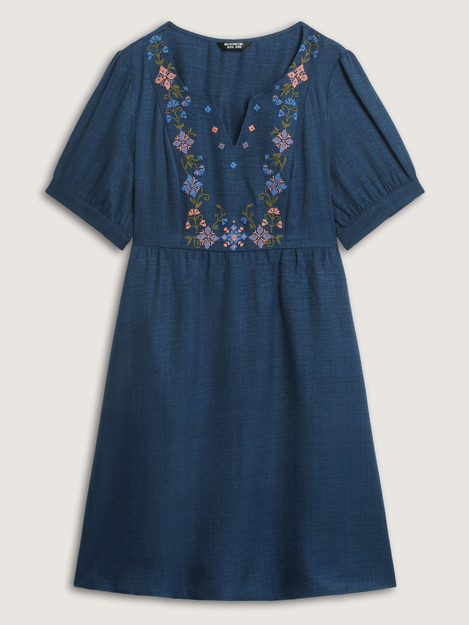 Floral Embroidered Neckline Textured Mini Dress