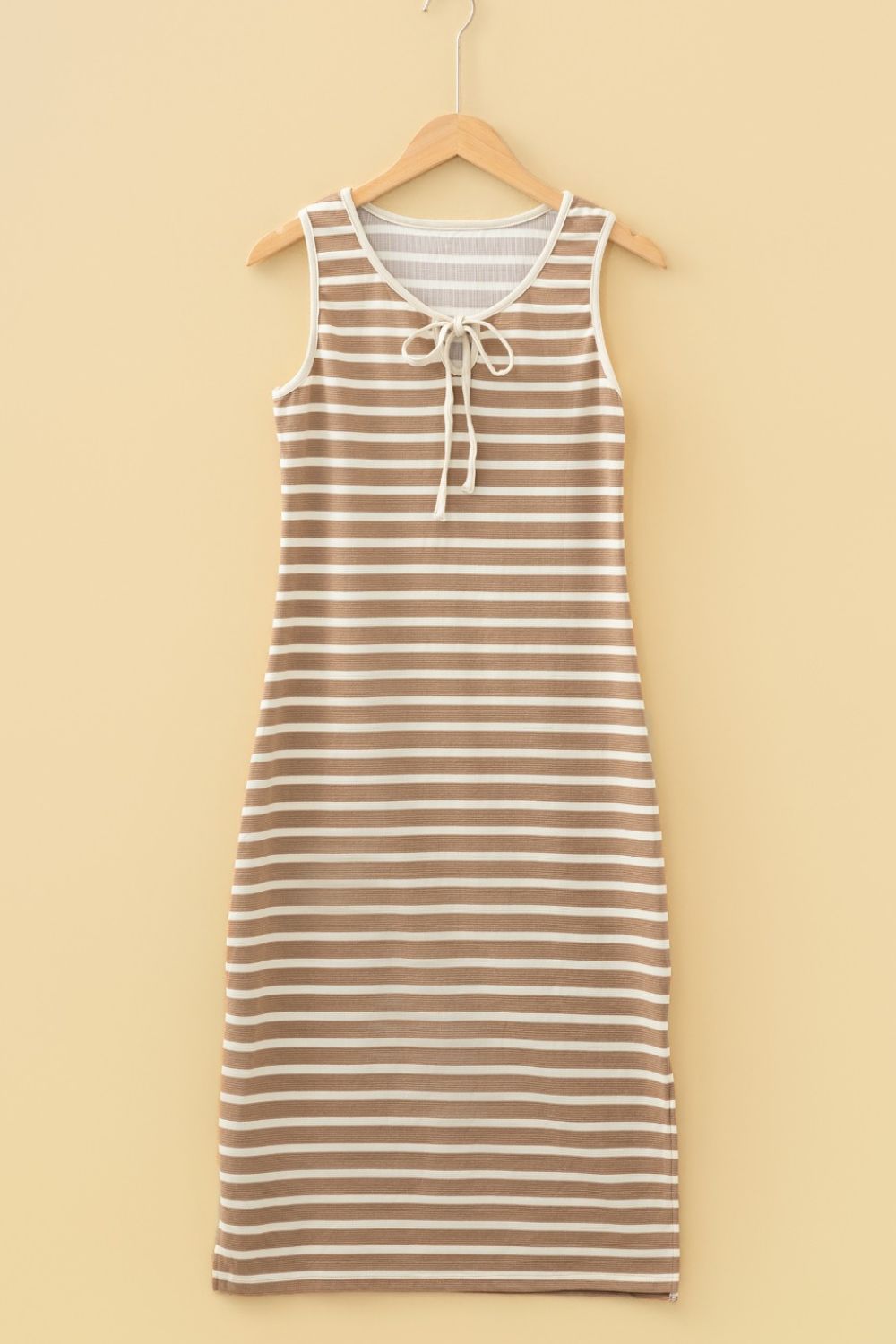 Stripe Tie V Neck Sleeveless Side Slit Midi Dress