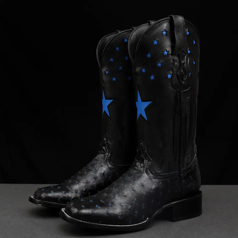 Black/Blue Ostrich Leather Boots - Square Toe