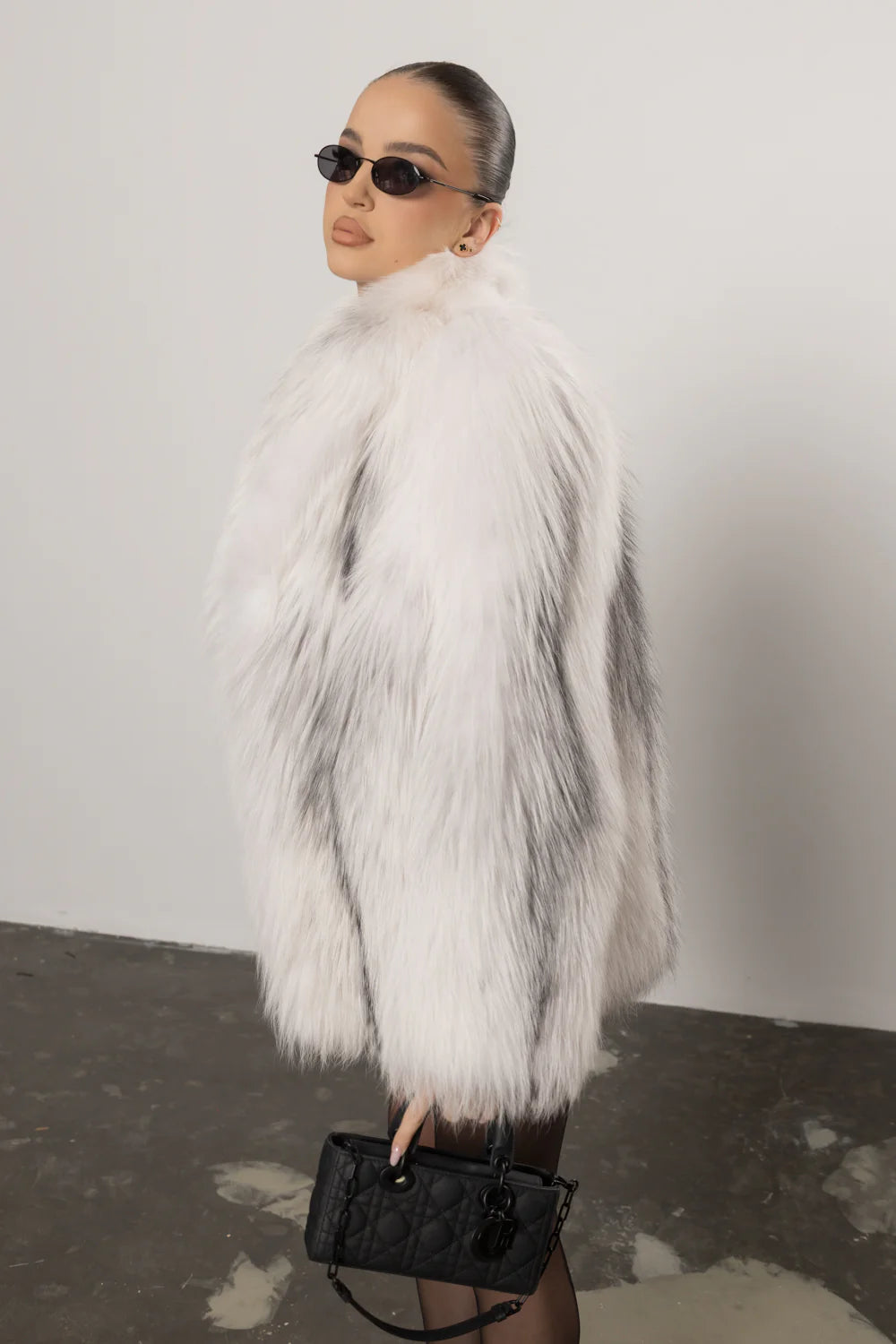 Haină din Blană Naturală de Vulpe Argintie, cu Guler Rever Șal, Femei, Arctic Silver 437