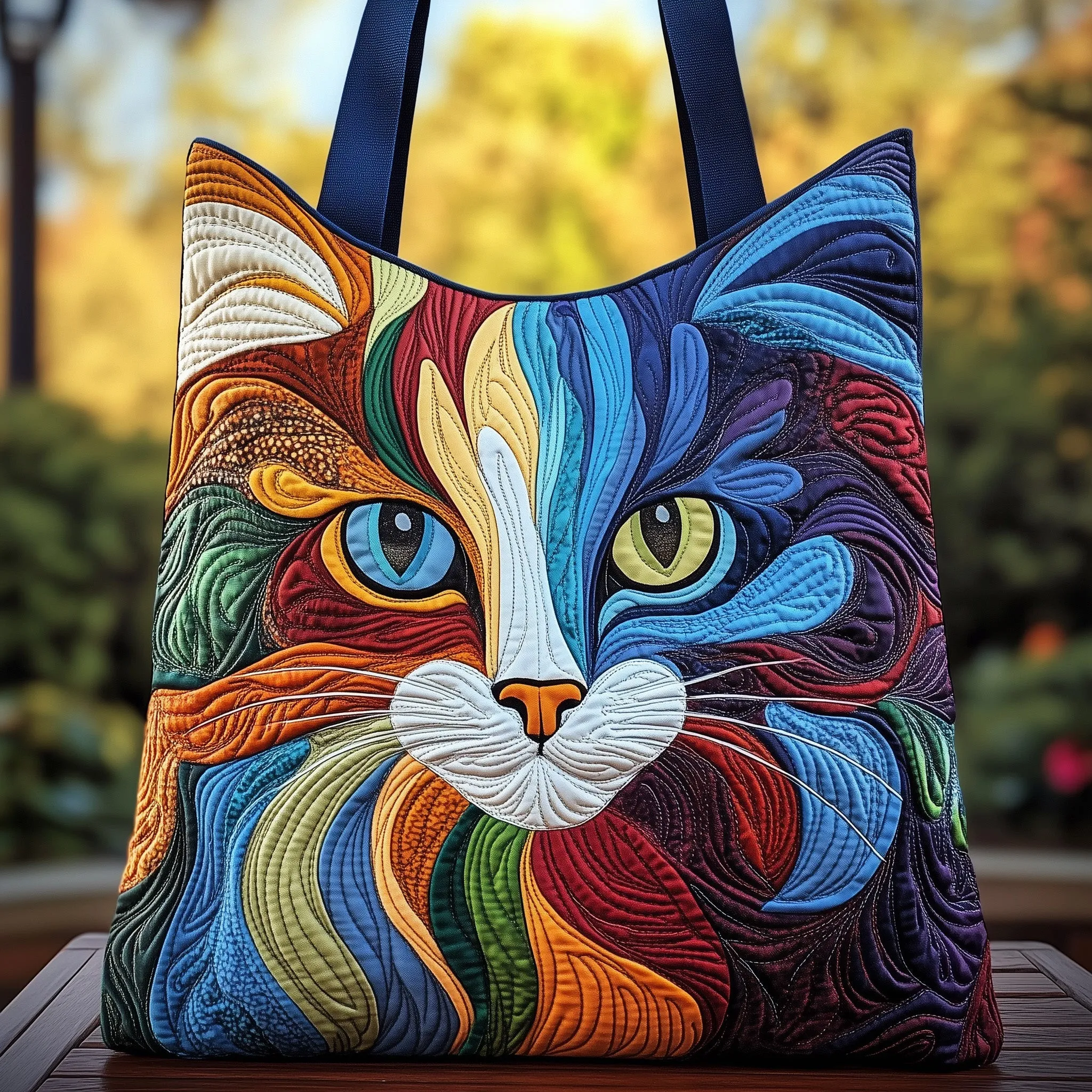 Whimsical Quilted Cat Tote Bag – Colorful Artistic Handcrafted Style for Cat Lovers 🐱🎨