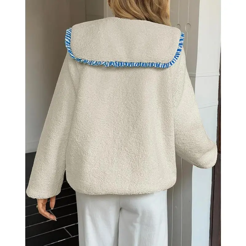 Womens Fuzzy Fleece Jacket Peter Pan Collar Button Down Fall Winter Sherpa Coats