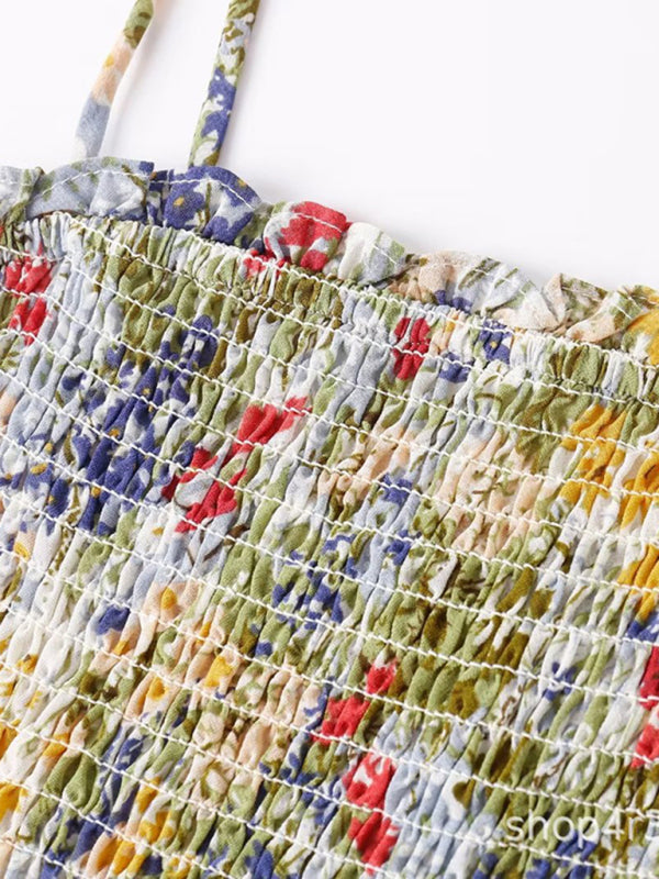 French Resort Style Pleated Elastic Waisted A-Line Skirt Floral Lace Mid-Length Dress