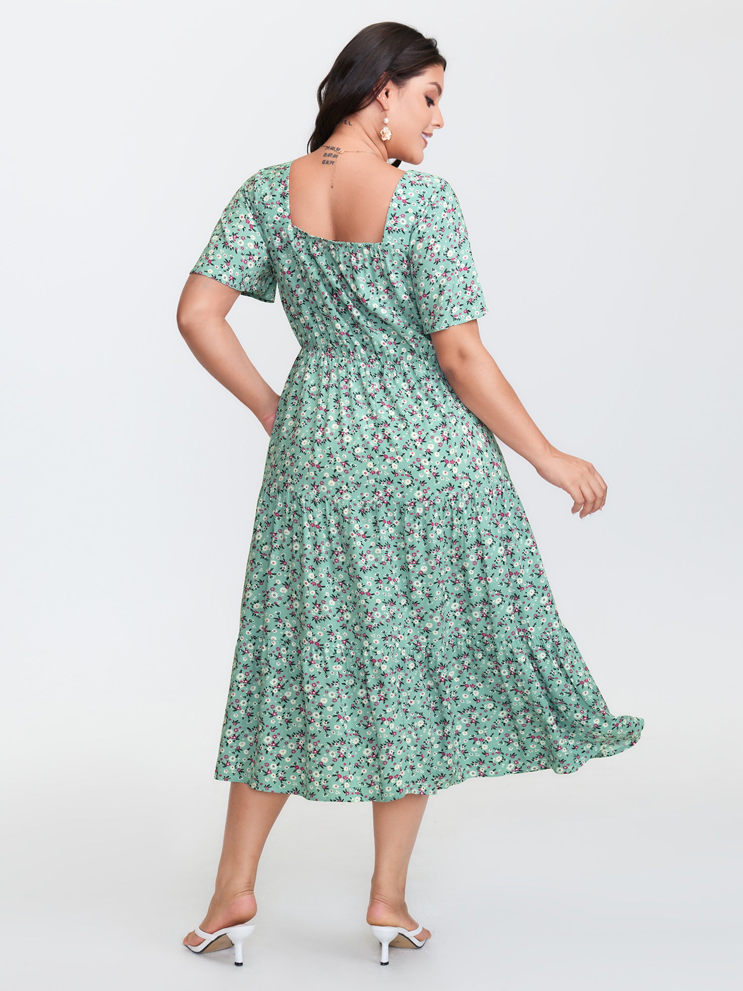 Ditsy Floral Sweetheart Drawstring Pocket Tiered Dress