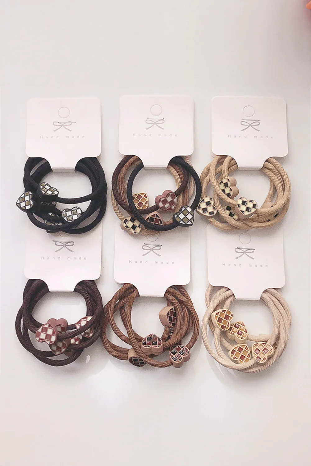 Camel 5pcs/set Checkered Heart Decor High Elastic Hair Tie