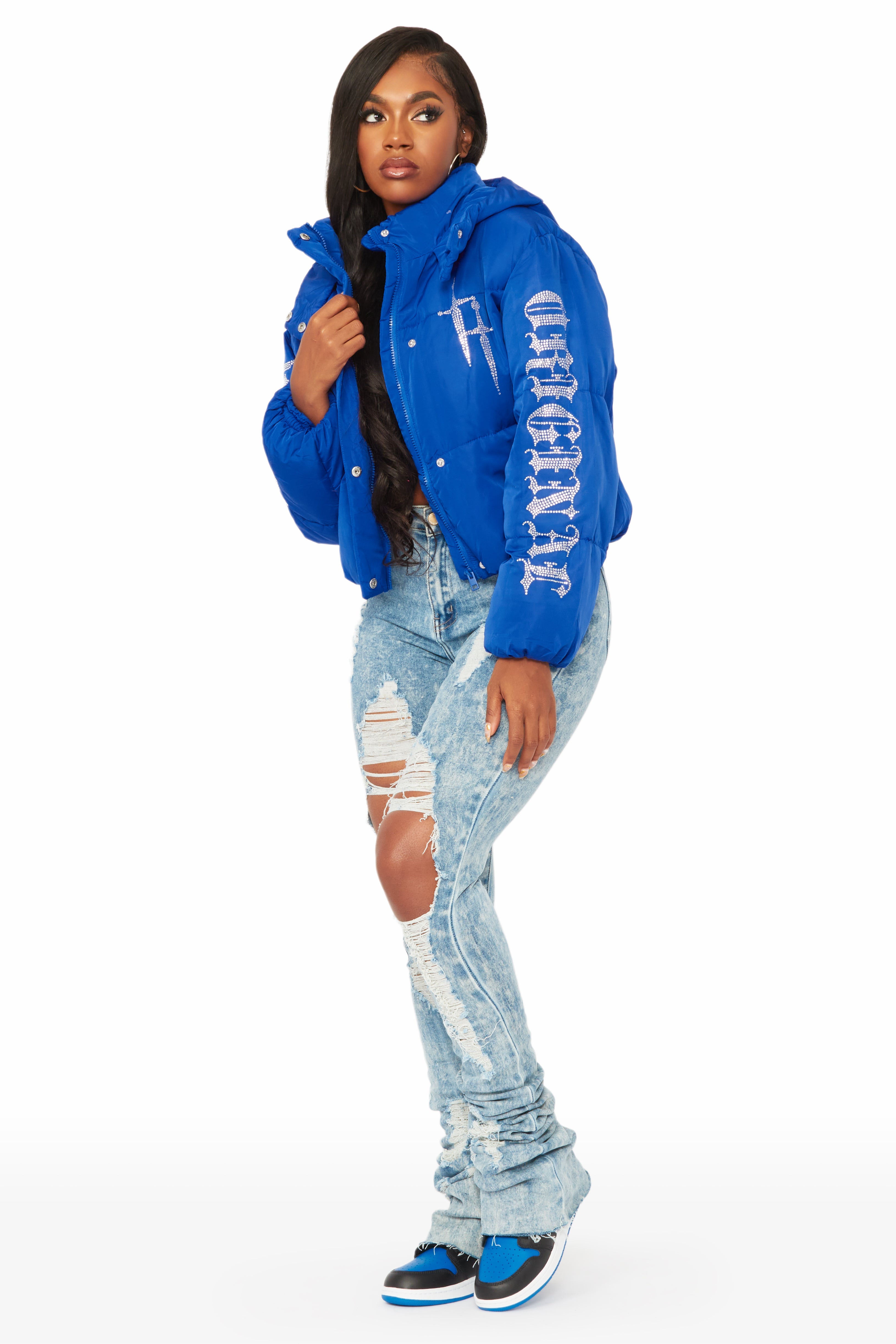 Kalisha Royal Blue Rhinestone Puffer Jacket