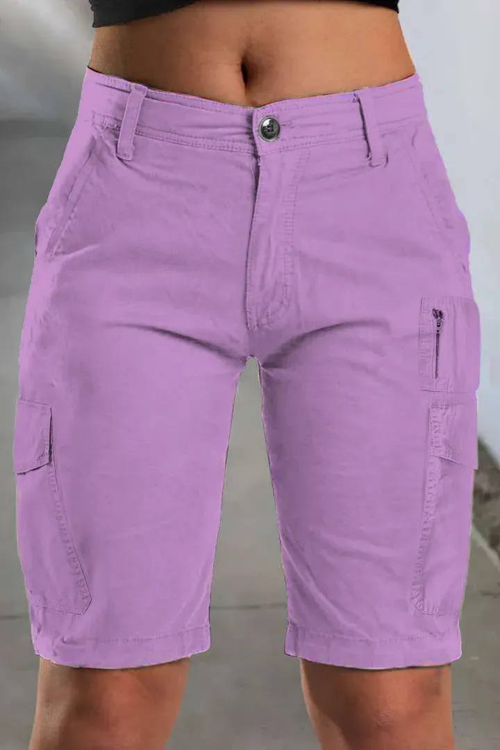 Solid Multi Pocket Mid Rise Bermuda Cargo Shorts