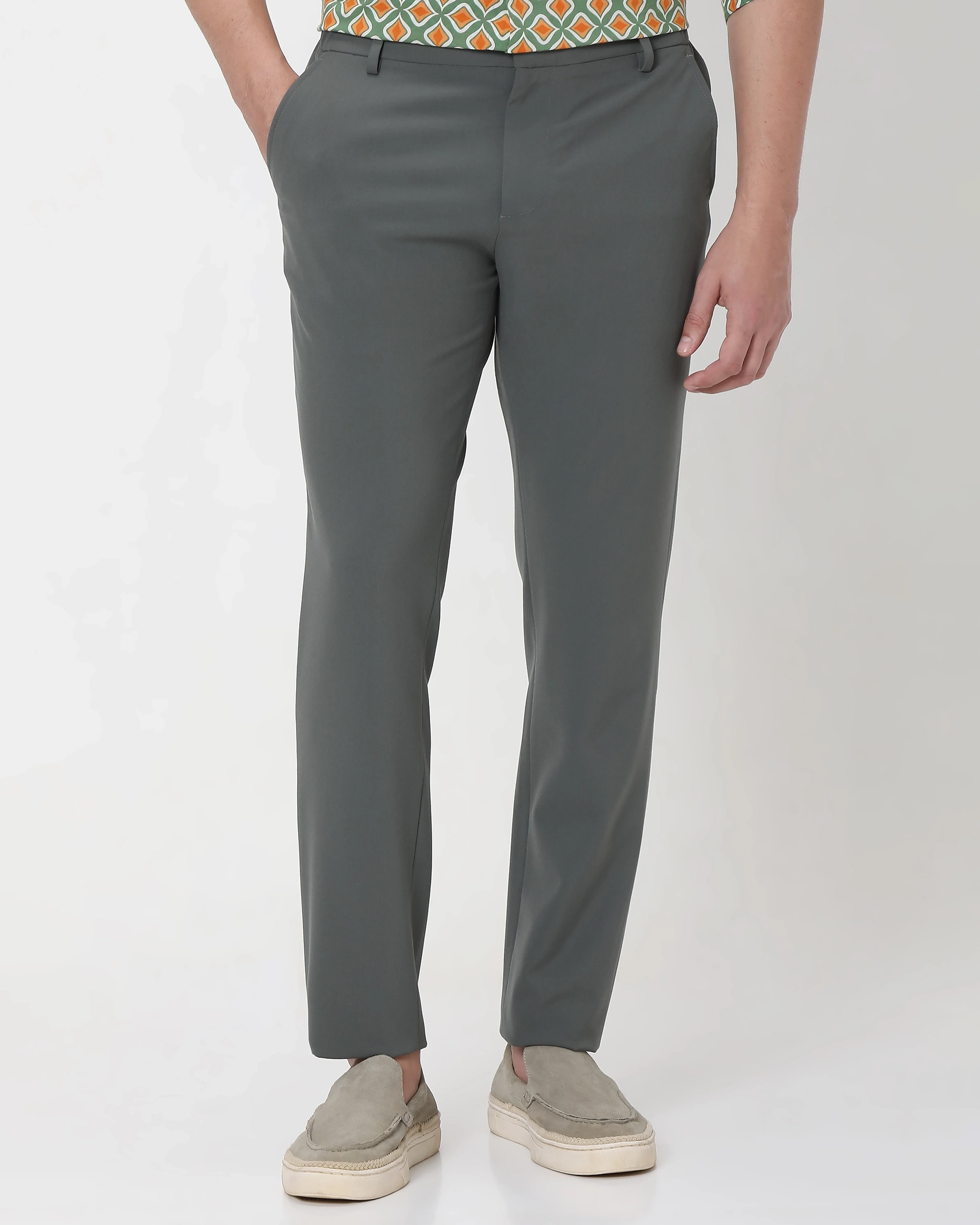 Classic Versatile Soft Slim-Fit Straight-Leg Olive Trousers