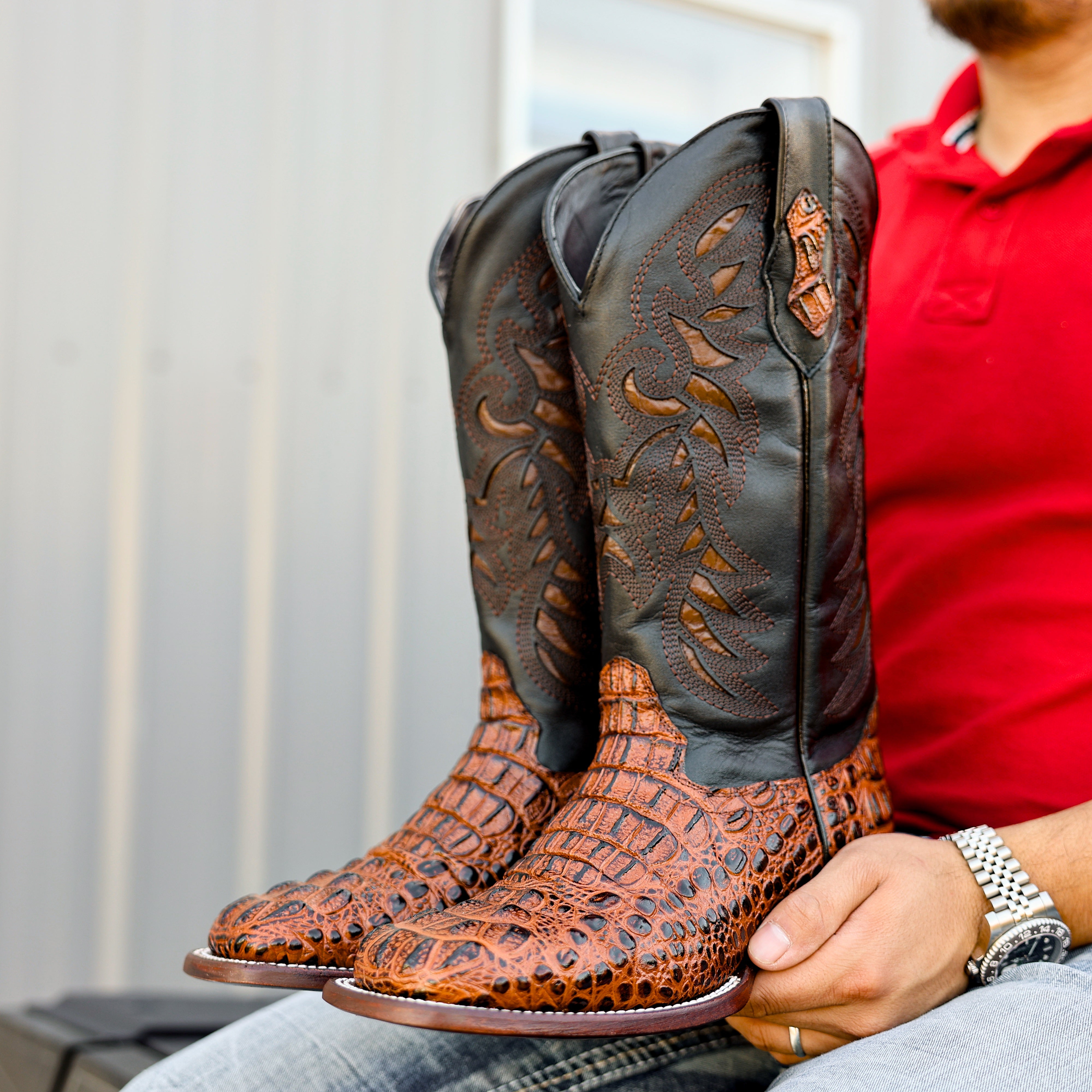 Cognac Caiman Neck Leather Boots - Square Toe