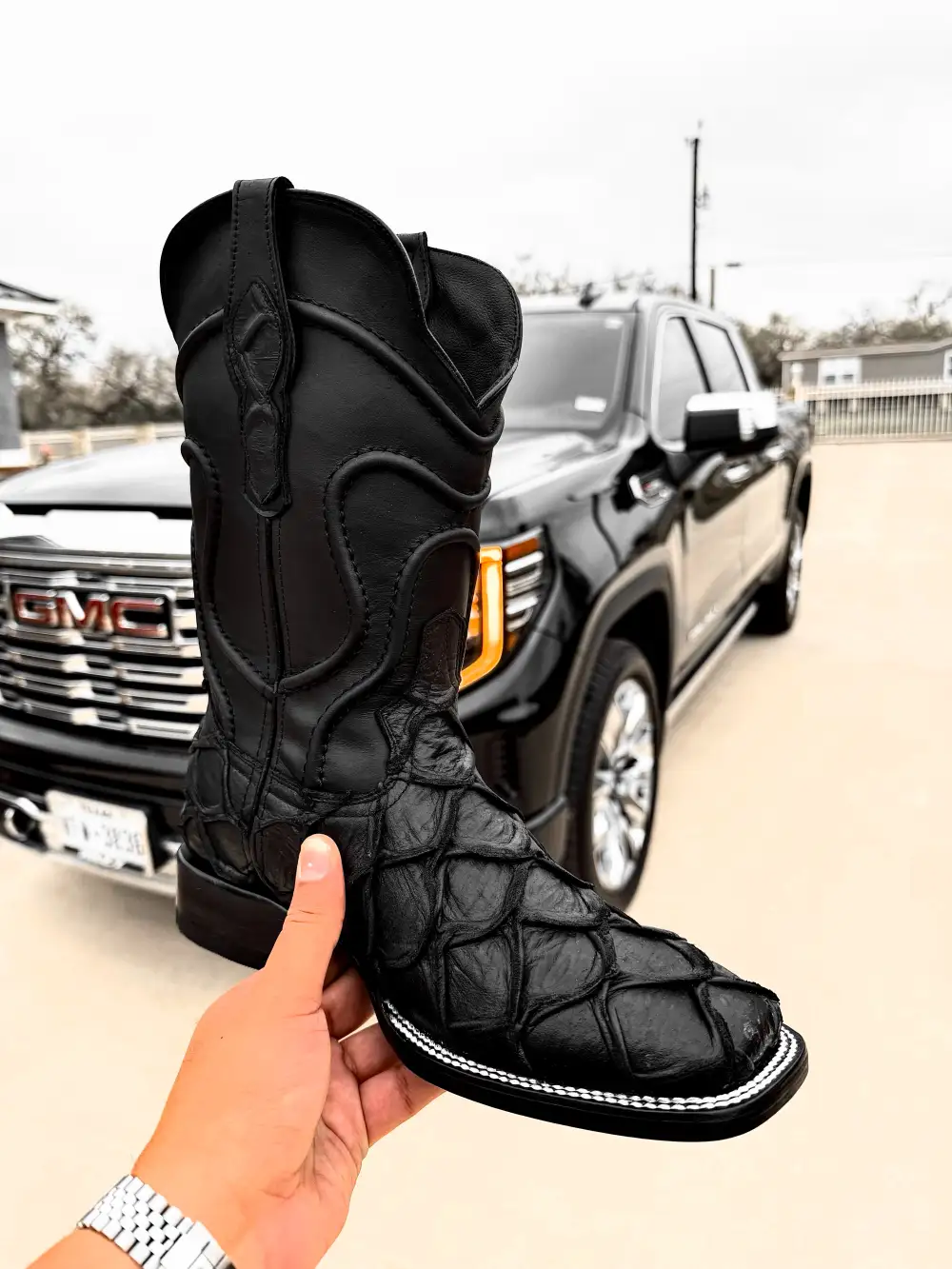 Matte Black Pirarucu Leather Boots - Square Toe