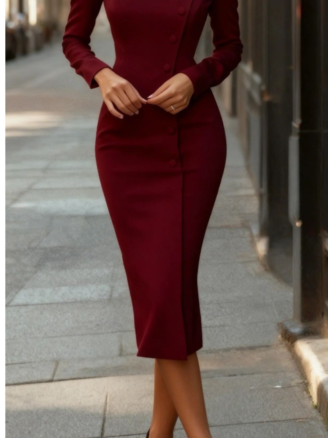 Button Front Long Sleeve Midi Dress