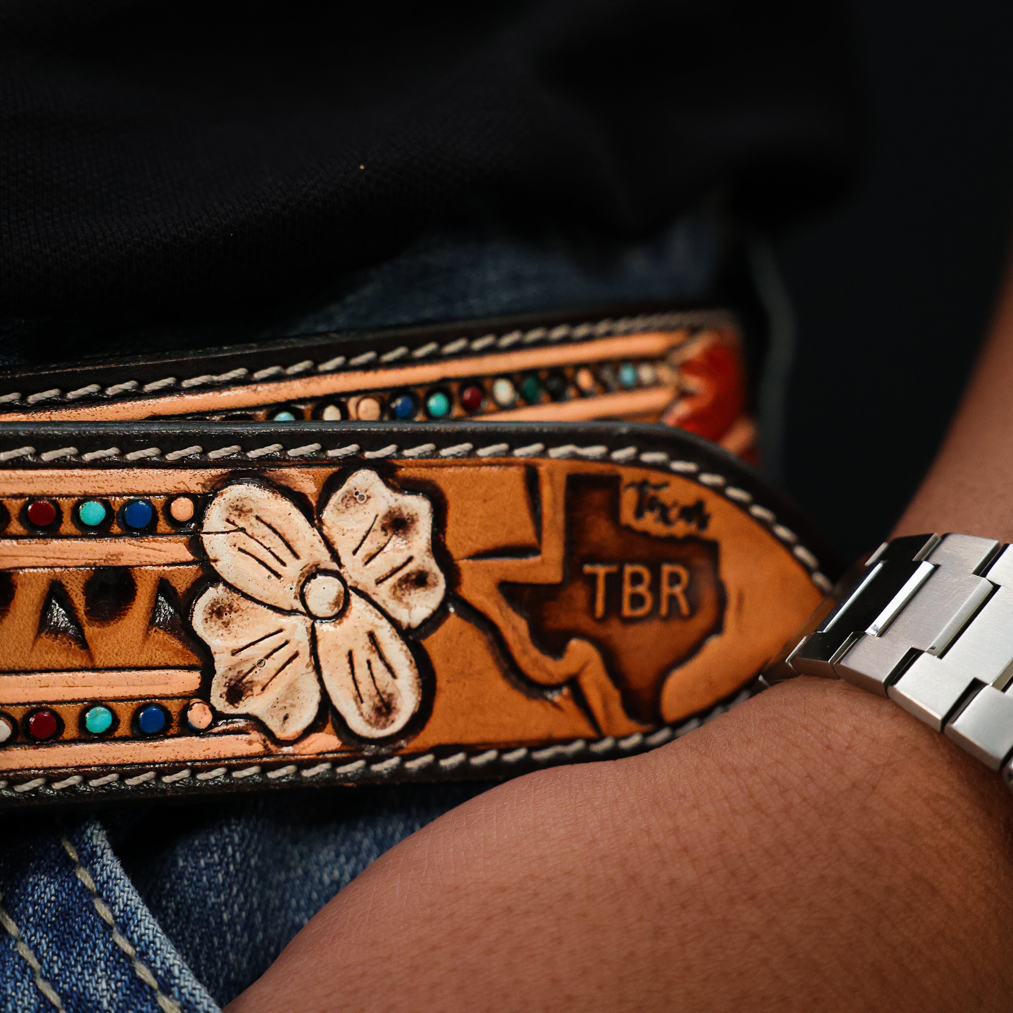 Hand-Tooled Artesanal Beaded Leather Belt