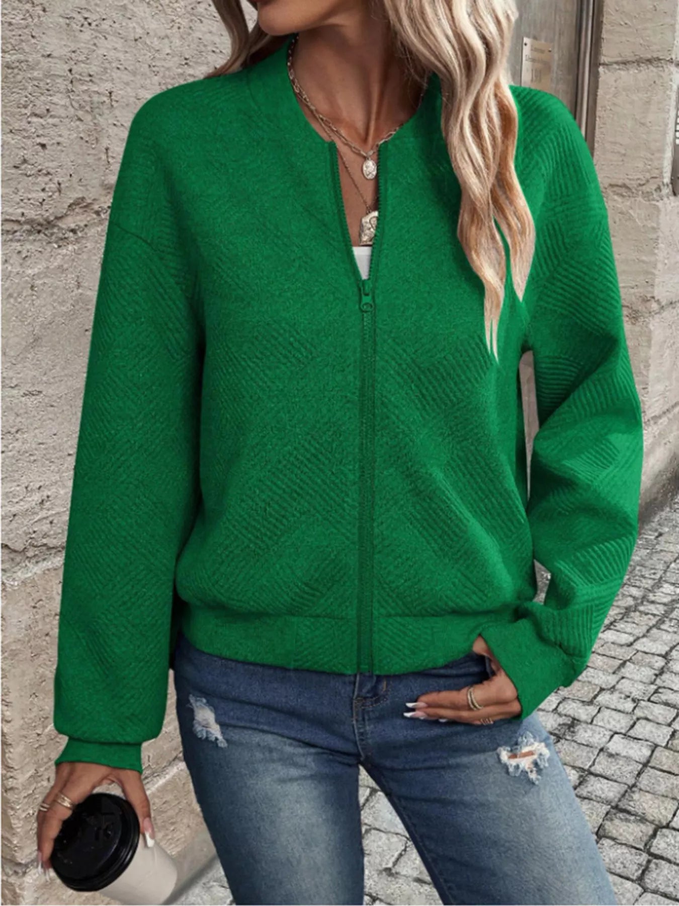 Textured Knit Zip-Up Bomber Jacket