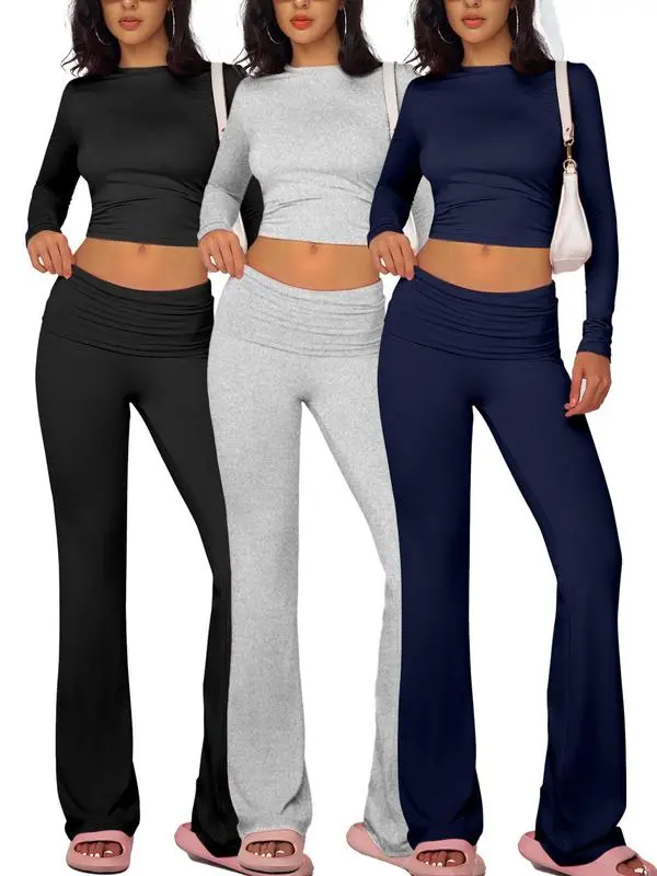 Women'S Solid Long Sleeve Crop Tee & Flare Leg Skinny Pants Loungewear Set