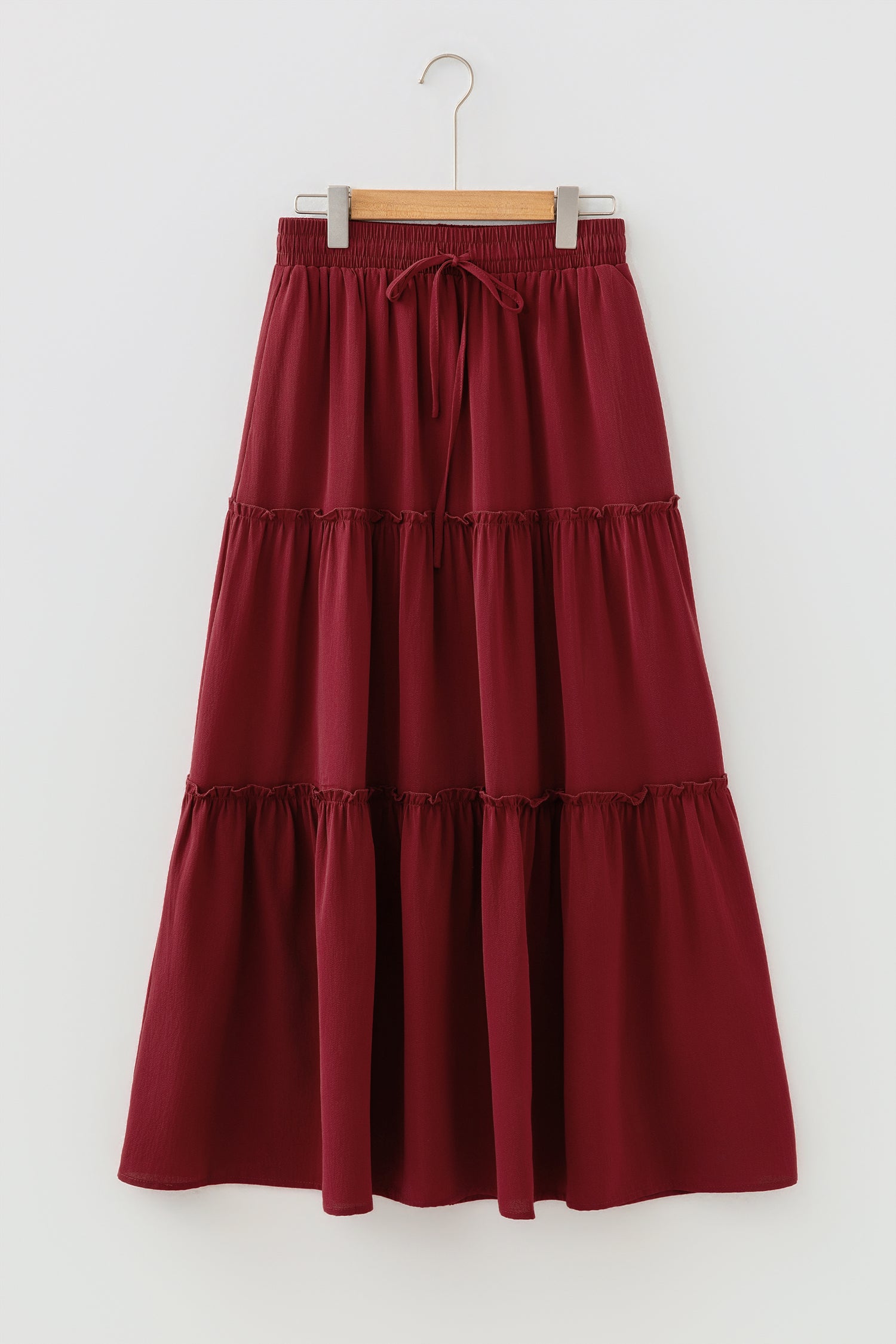 Fiery Red Black Frill Tiered Drawstring Waist Maxi Skirt
