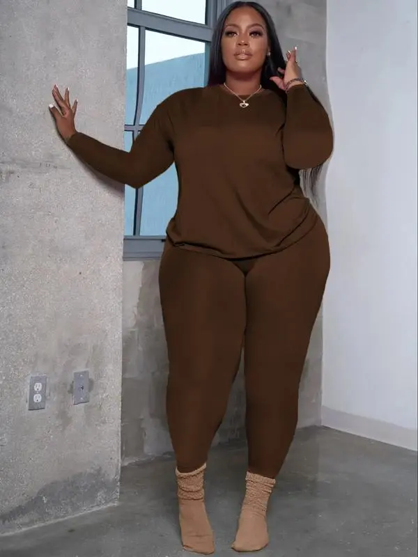 Plus Size 2-Piece Set – Long Sleeve Top & Skinny Pants, Cozy Fall Outfit