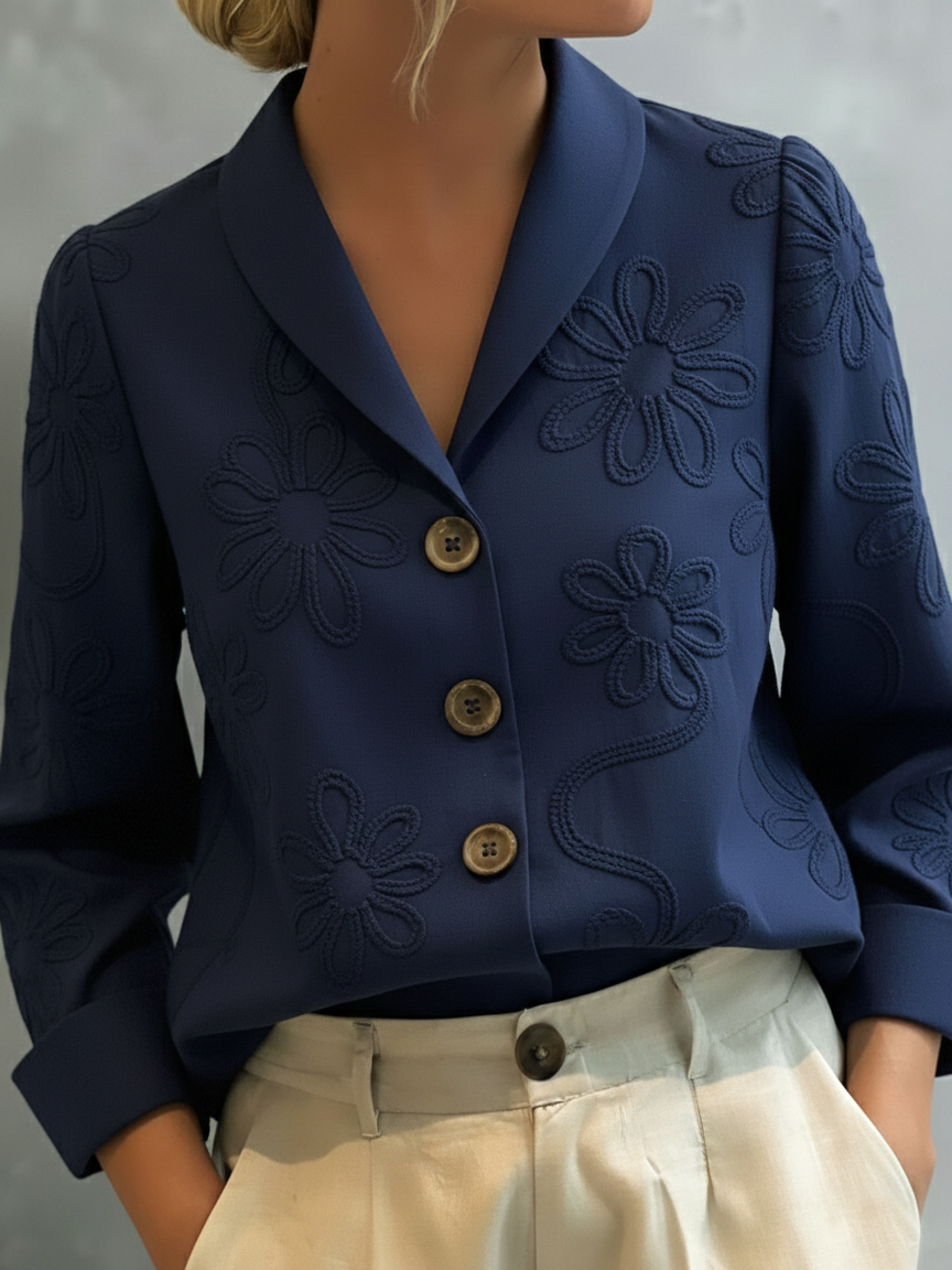 Vintage Floral Embroidered Shawl Collar Blouse
