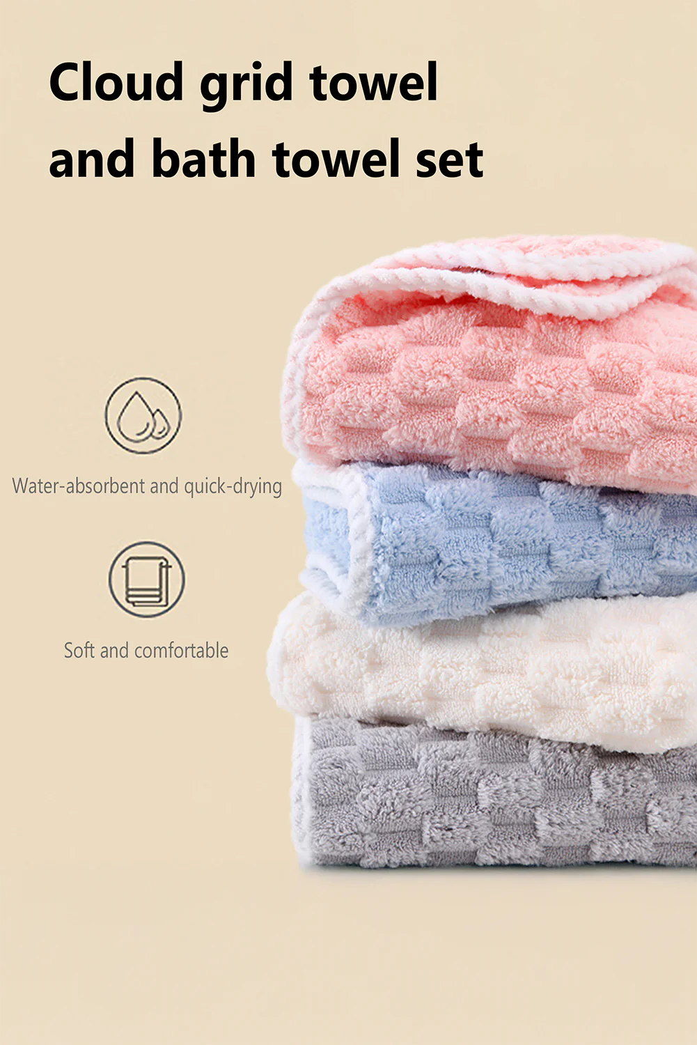 Peach Blossom Checkered Textured Thick Soft Bath Towel