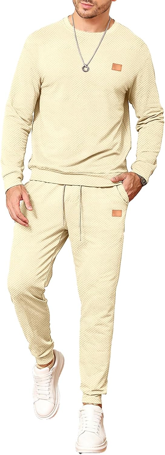 Men's 2 Piece Outfits Knit Jacquard Pullover Sweatshirt Tracksuit & Joggers Sweatpants Sweatsuit Sets with Pockets