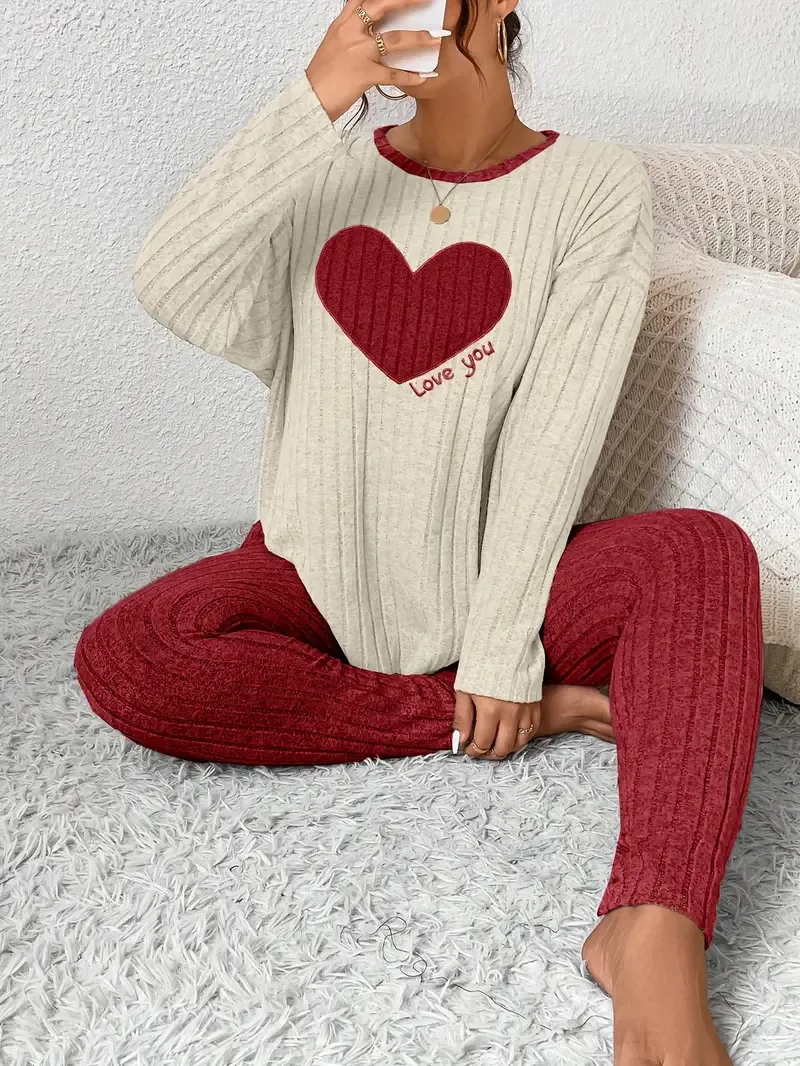 Plus Size Heart Fitted Long Sleeve And Long Pants Loungewear Set