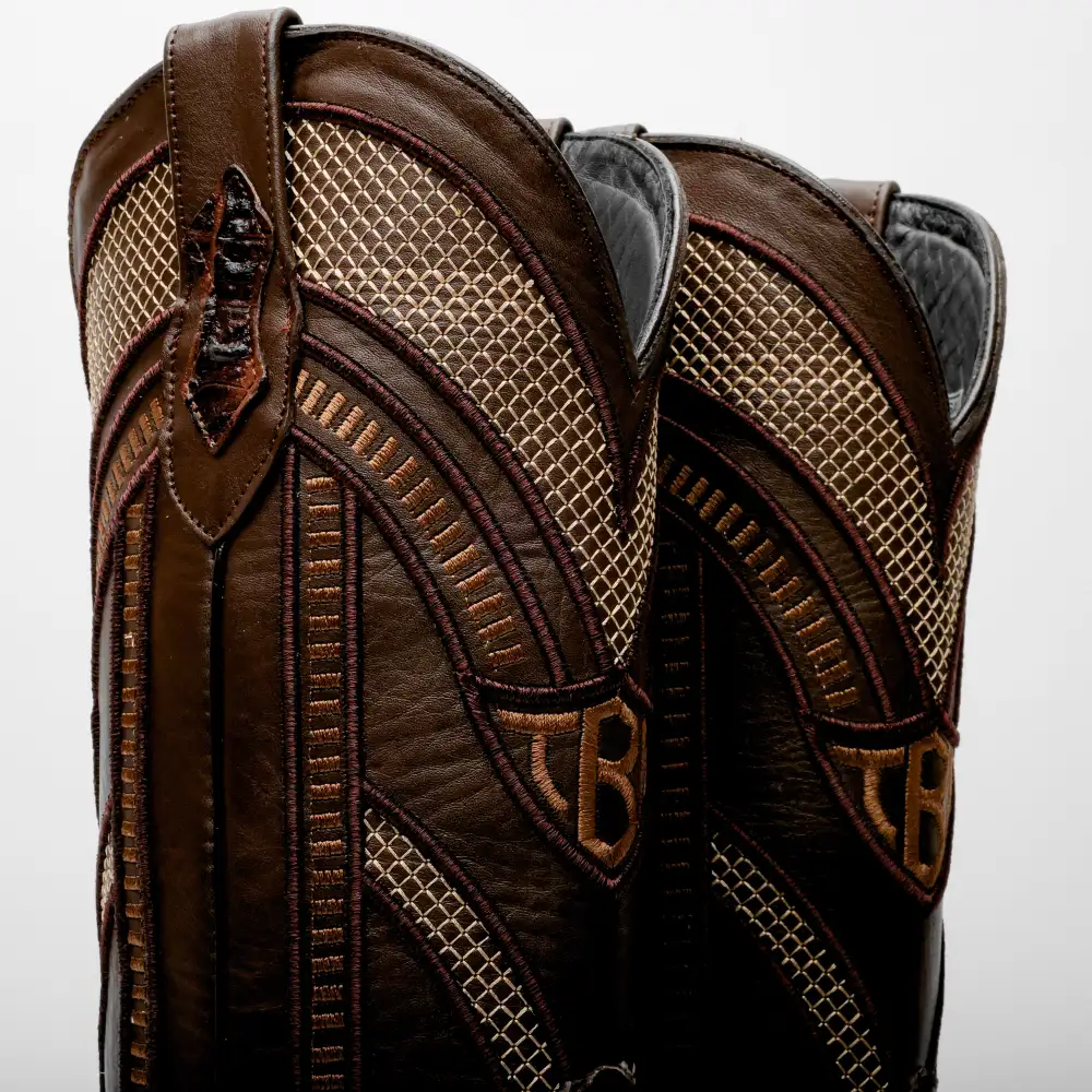 Brown Caiman Neck Leather Boots - Square Toe