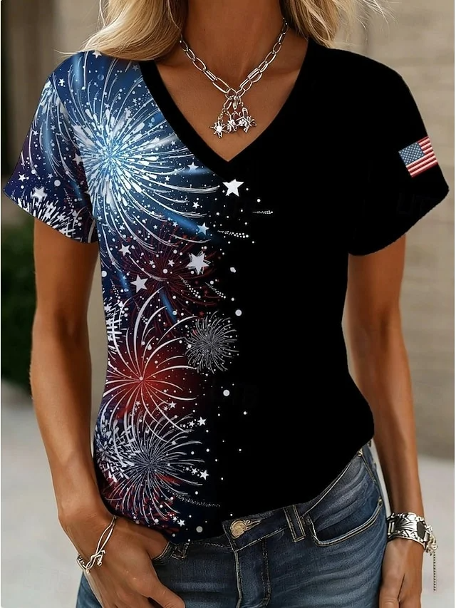 Casual Gradient Pattern V Neck Short Sleeve T-shirt