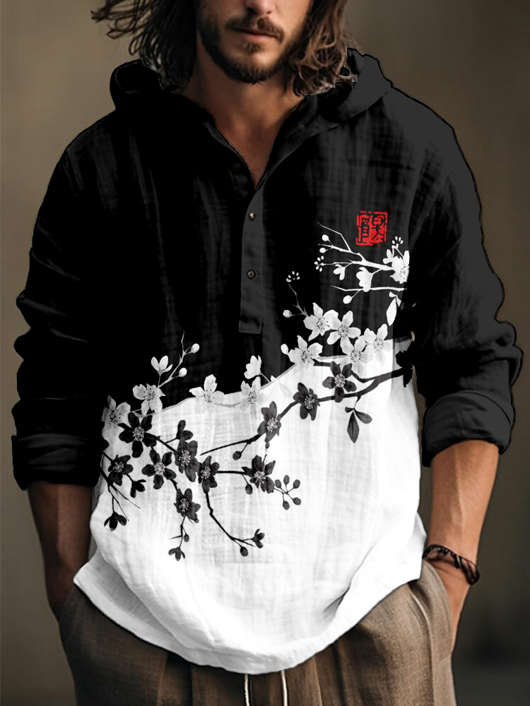 Cherry Blossom Japanese Art Contrast Hooded Shirt