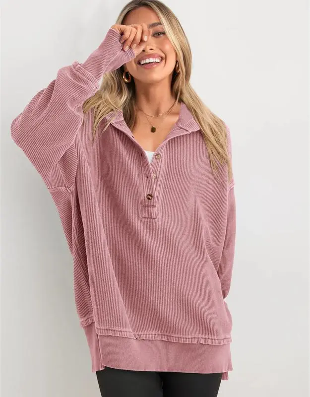Womens Oversized Button Up V Neck Sweatshirt