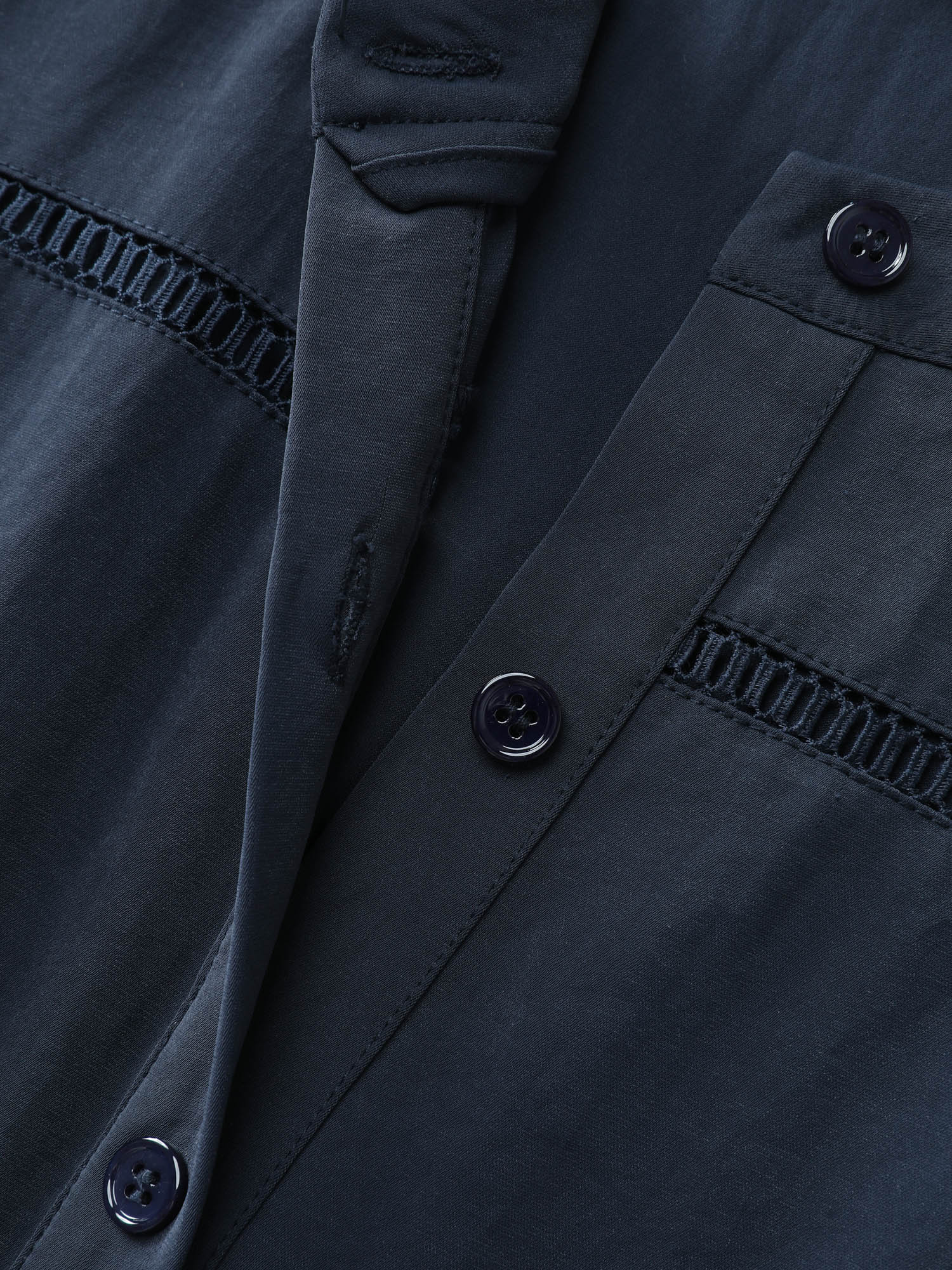 Eyelet Trim Pockets Button-Placket Midi Dress