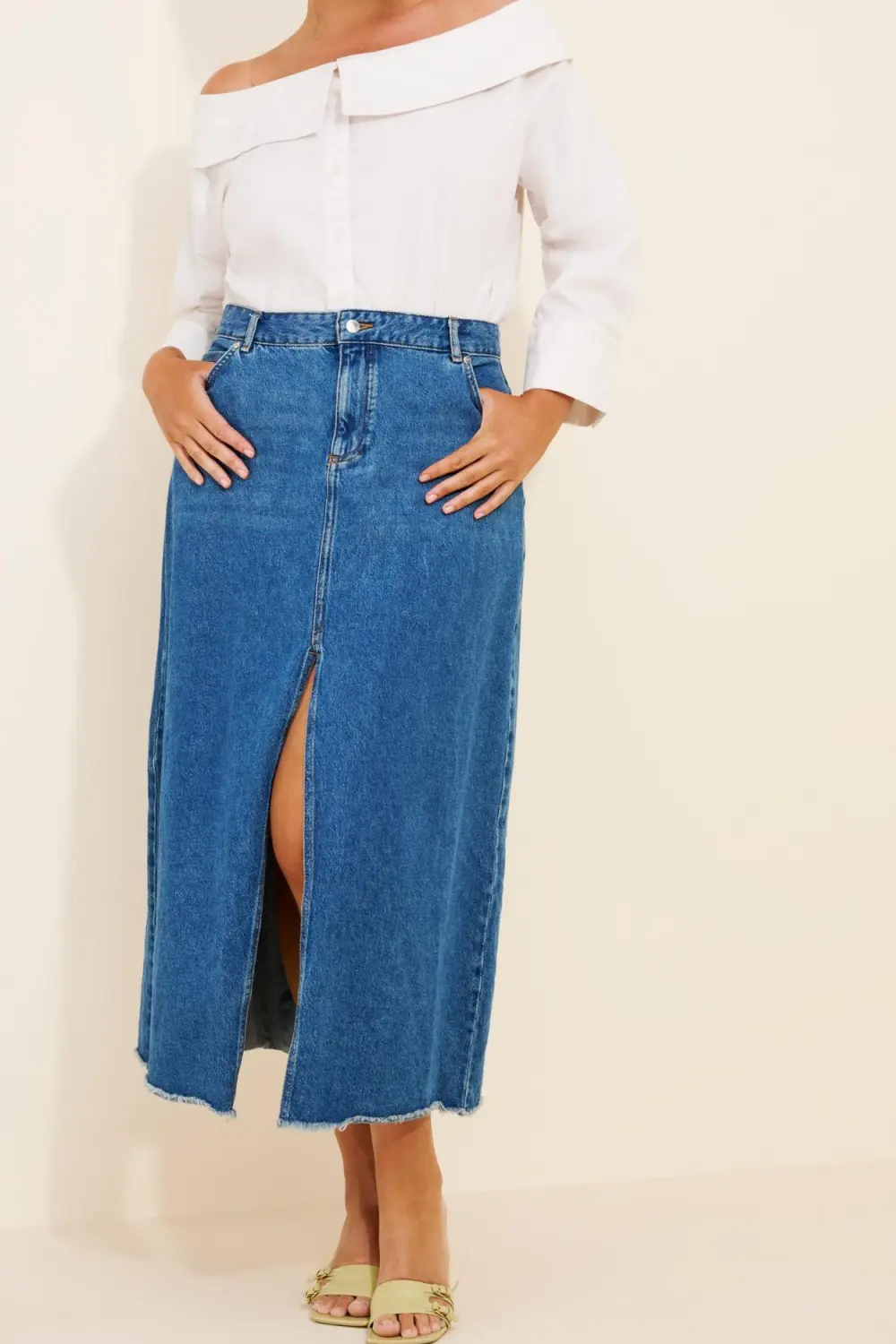 Denim Front-Slit Maxi Skirt