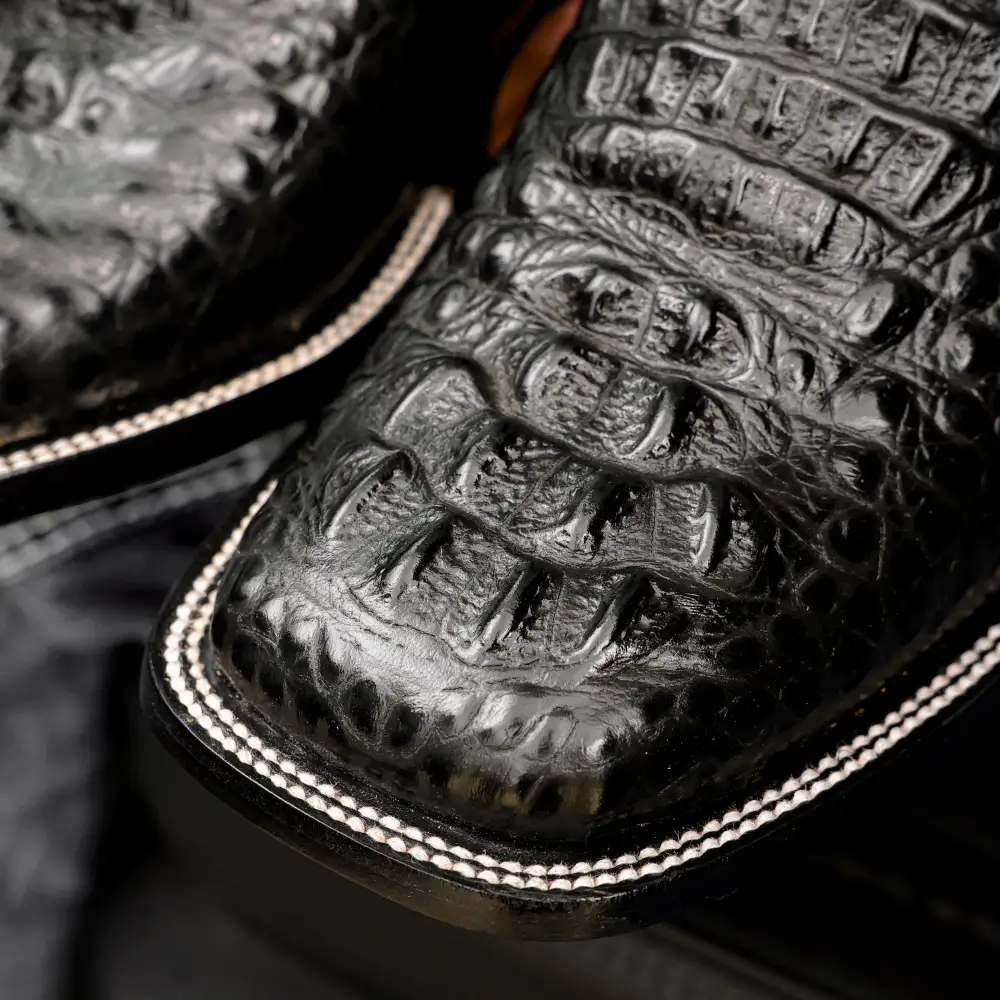 Black Caiman Neck Leather Boots - Square Toe
