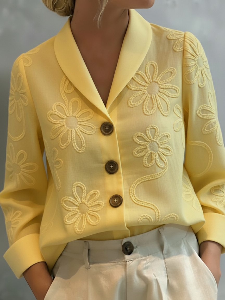 Vintage Floral Embroidered Shawl Collar Blouse