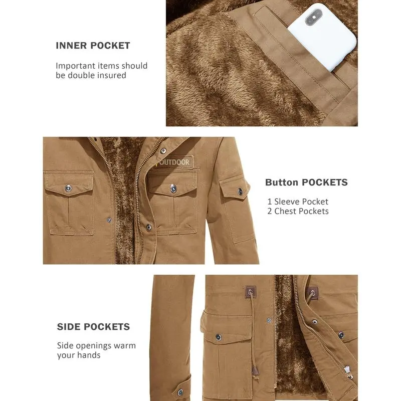 6 PACK Men's Winter Coat Jacket Fleece Lined Parka Cotton Cargo Jacket Menswear Tops Long Sleeve Warm Thermal Hoodie