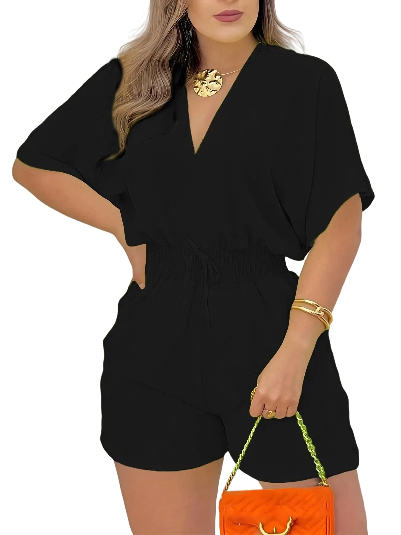 Women's Plain Drawstring Shirred Waist V Neck Romper