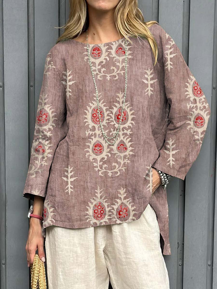 Women's Vintage Ethnic Pattern Art Print Casual Cotton Linen Shirt
