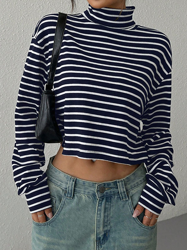 Contrast Color Split-Joint Striped Long Sleeves Loose High Neck T-Shirts Tops