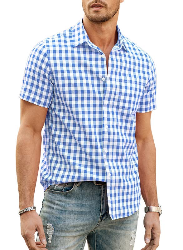 Mens Casual Button Down Shirts Short Sleeve 100% Cotton Plaid Shirts for Men