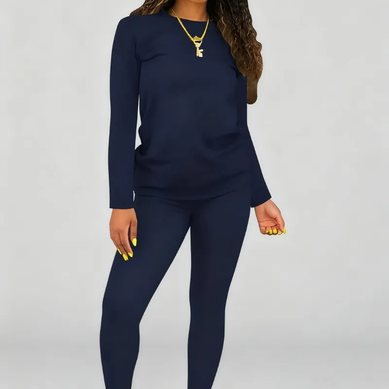 Women's Minimalist Chic Solid Long Sleeve Tee & Elastic Waist Pants Set