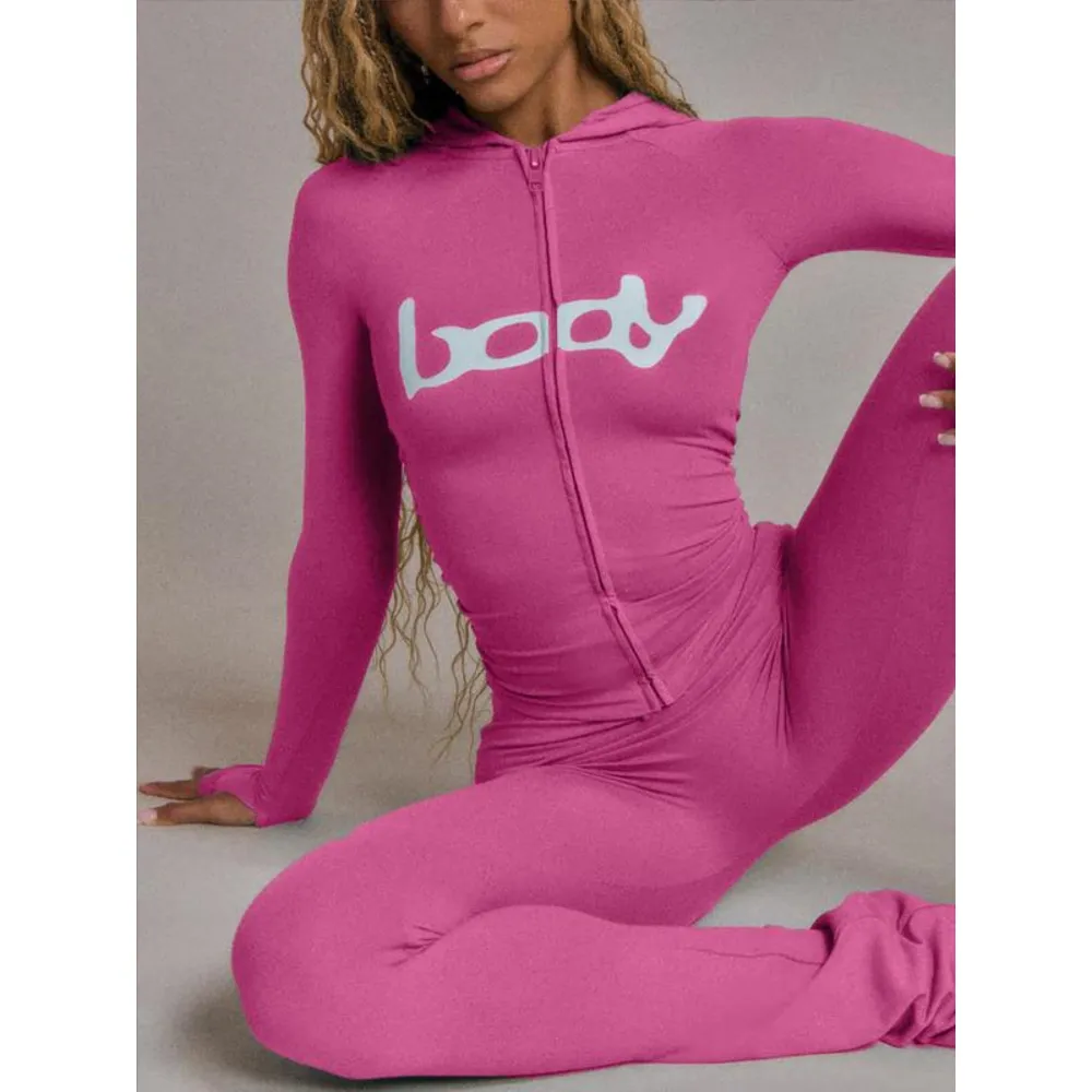 Women's Fall Winter Hooded Letter Print Zipper Jacket and Pants Set