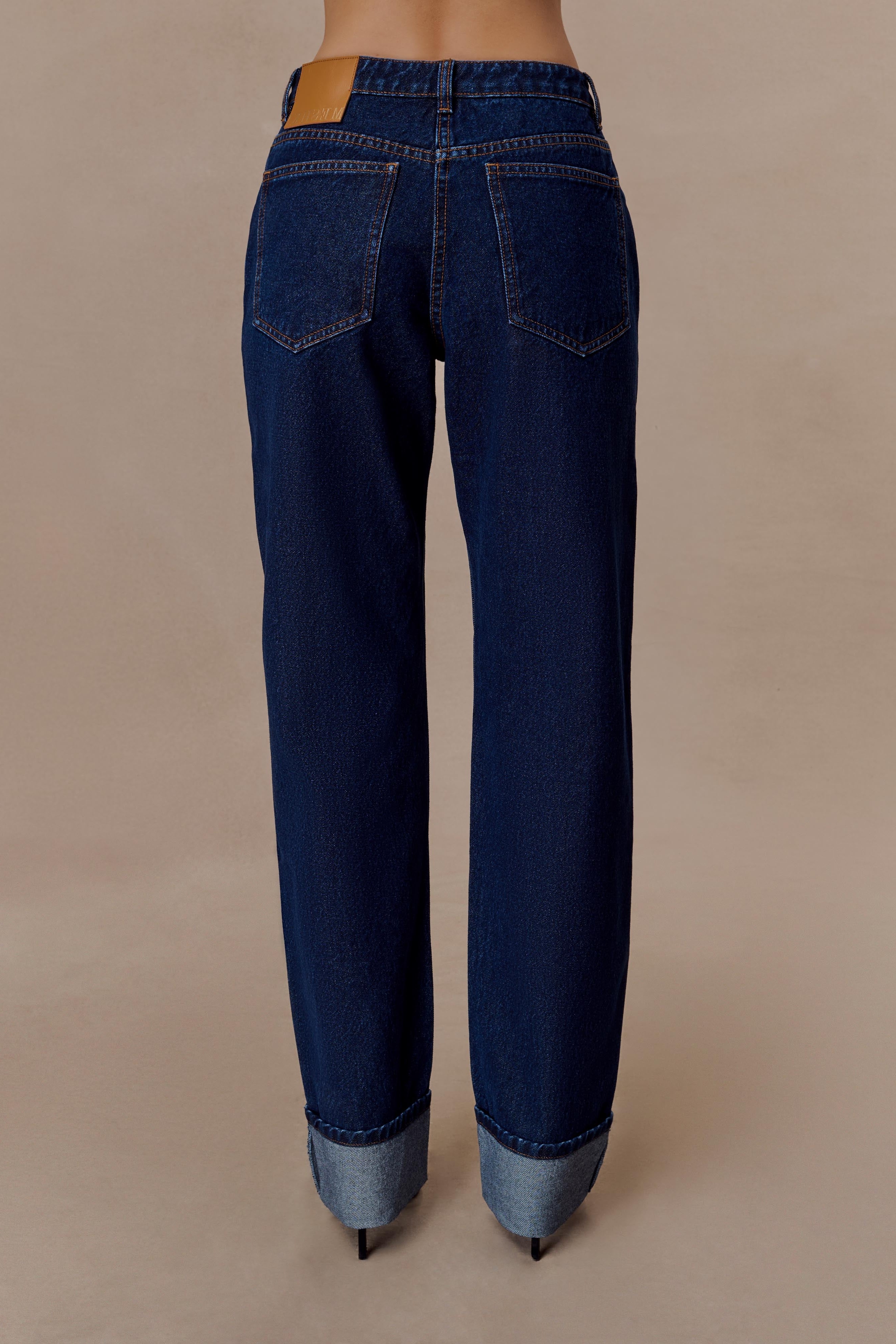 Blue Straight Leg Cuffed Jeans