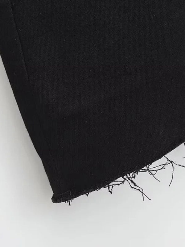 High-Waist Elastic Slim-Fit Distressed Edge A-Line Denim Mini Skirt