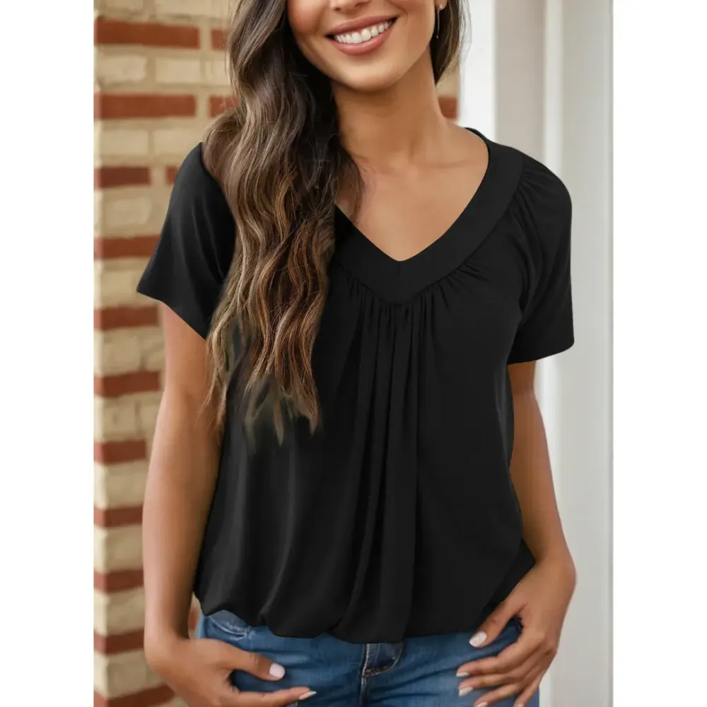 Women’s Loose Fit V-Neck Shirred Summer Top