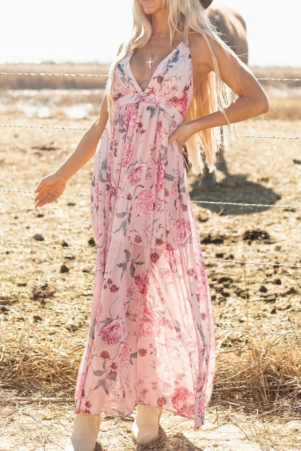 Floral Pleated Deep V Backless Maxi Dress