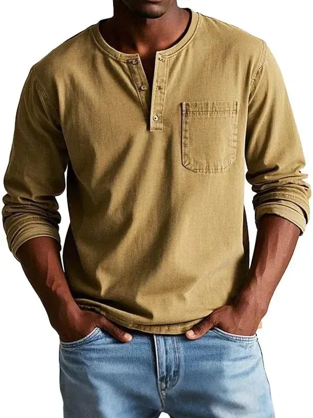 💫Clearance Sale🔥 - Men's Fashion Vintage Distressed Pocket Long Sleeve Henley Shirt