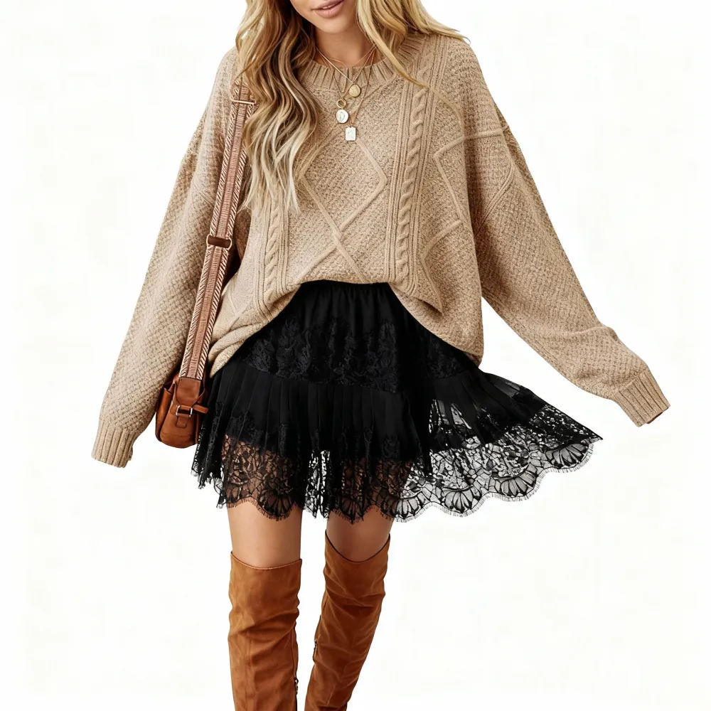 2025 Women's Cable Knit Lace Mini Sweater Dress 2PC