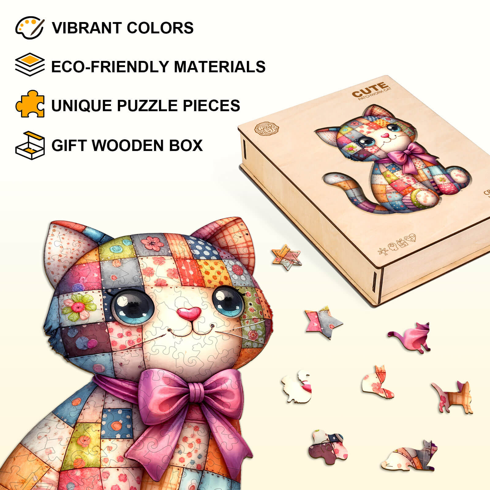 Cute Patchwork Cat Wooden Jigsaw Puzzle