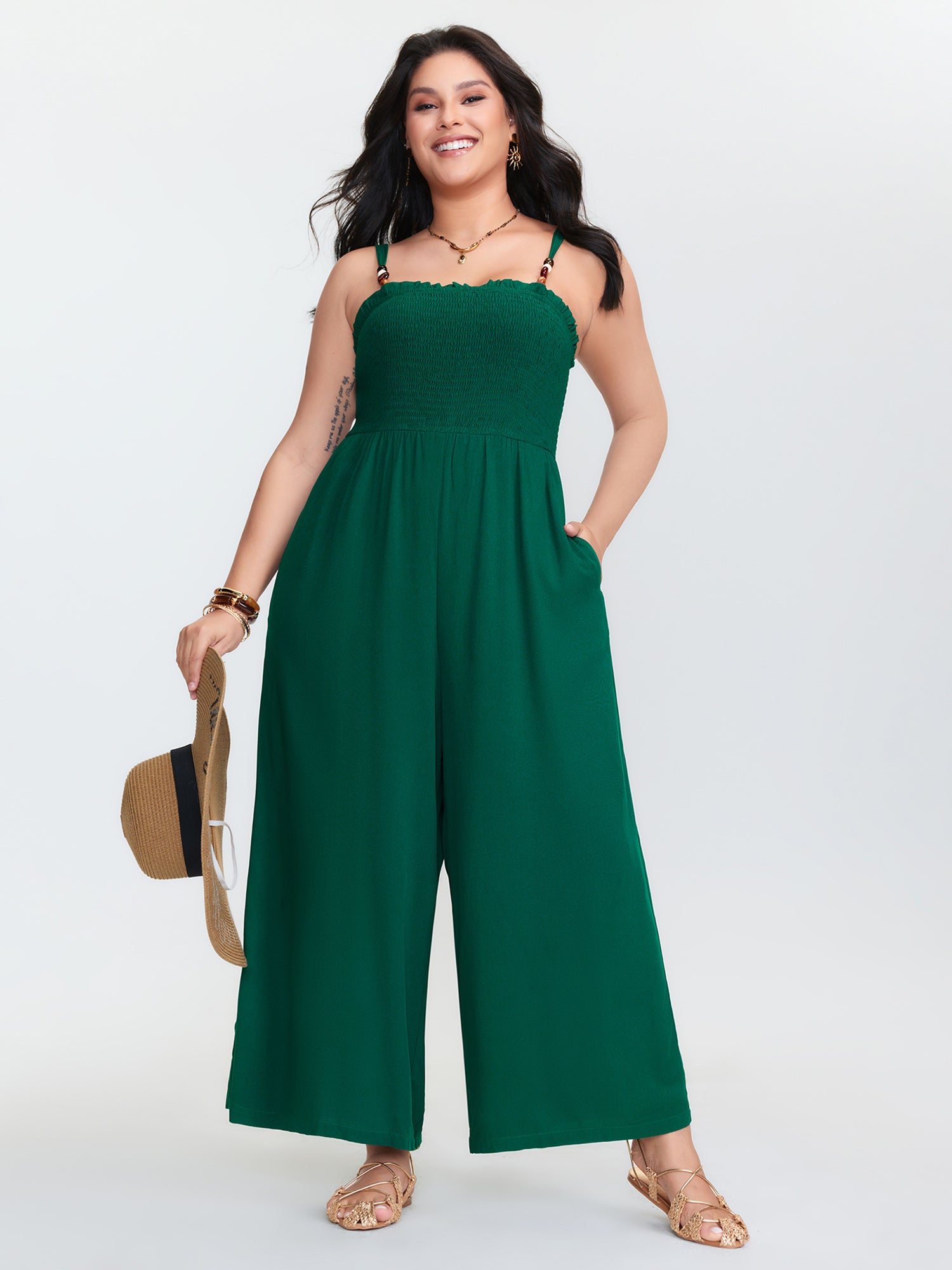 Shirred Bodice Adjustable Wide-Leg Jumpsuit