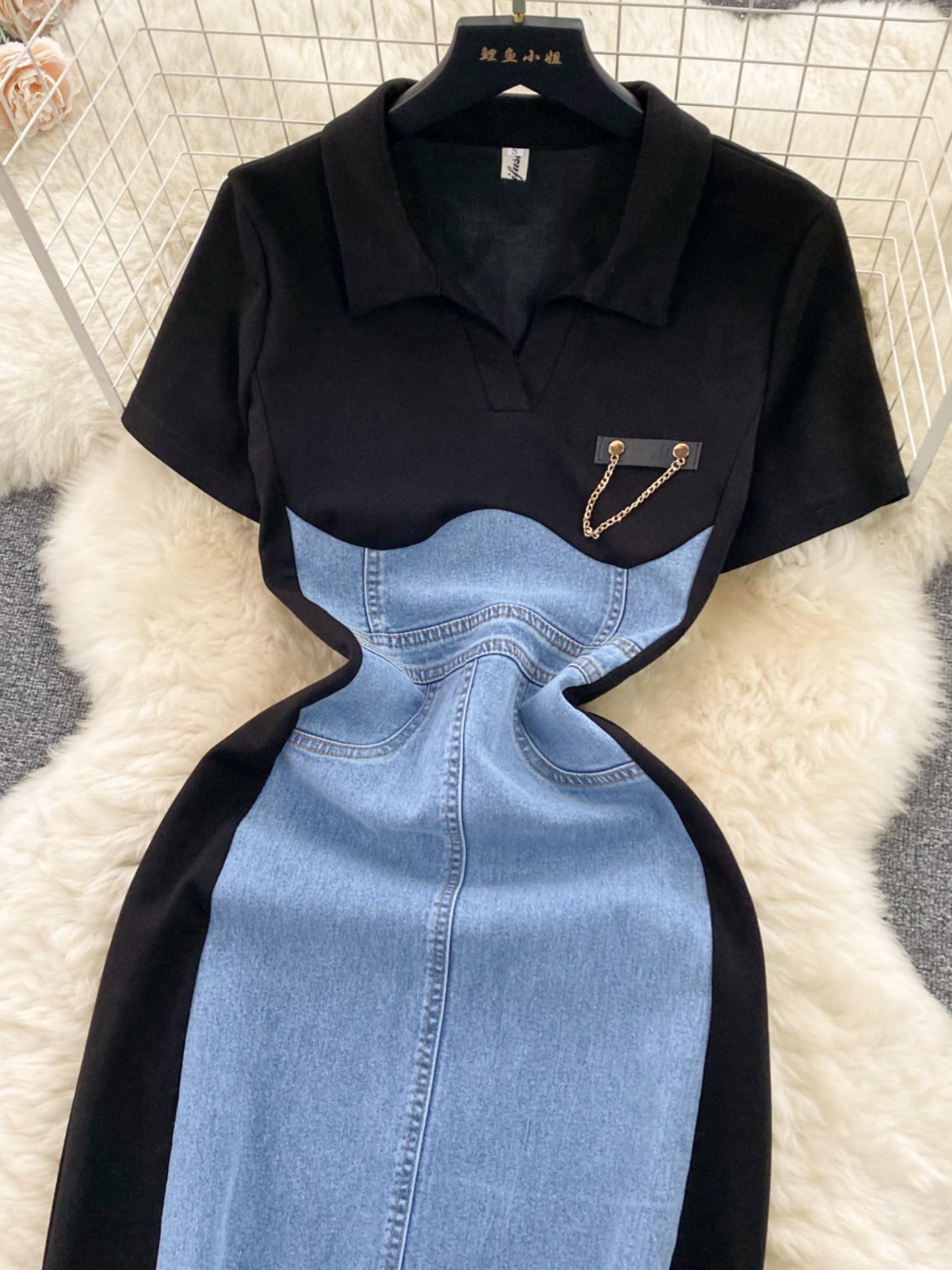 Full Size Color Block Denim Patchwork Bodycon Mini Dress Plus Size