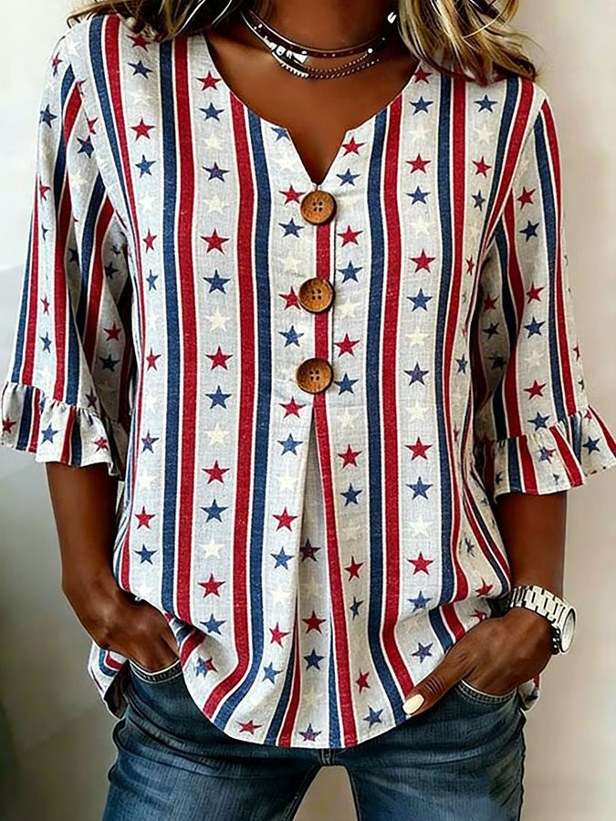 Women's American Striped Star Print Half Sleeved Casual Shirt
