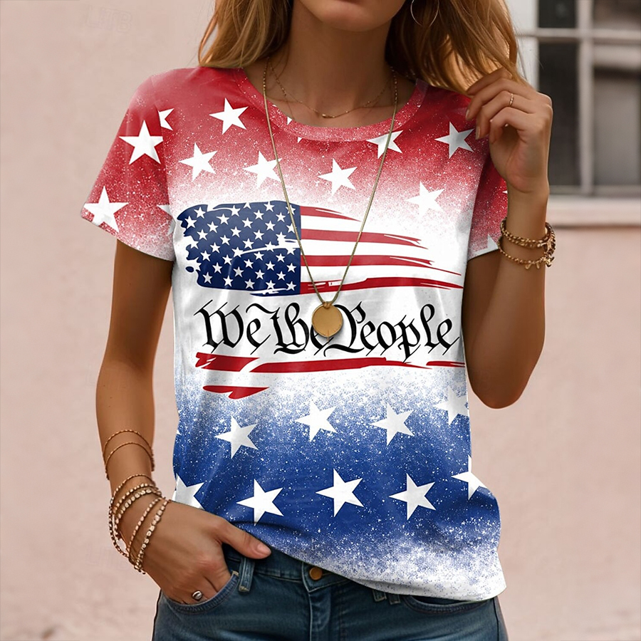 Ladies' Casual US National Day Gradient Printed Round Neck T-Shirt